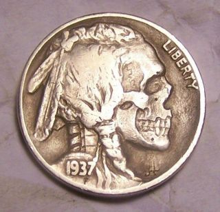 Hobo Nickel Western Indian Human Skull By John Hughey Jh Real Buffalo Coin Art photo