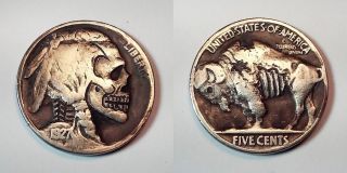 Hobo Nickel Skull & Buffalo Zombie 1927 Ohns Walking Dead Hand Carved Coin 155 photo