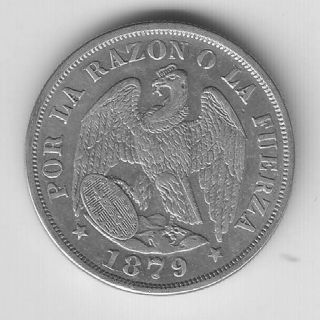 Chile (1) 1879,  20 Cents,  Weight 4.  9 Grams.  Diameter 22 Millimeters photo