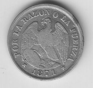Chile (1) 1871,  20 Cents,  Weight 4.  9 Grams.  Diameter 22 Millimeters photo