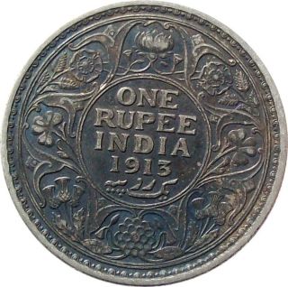British India 1 - Rupee Silver Coin King George V Year 1913 Km - 524 Very Fine photo