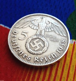 5 Mark German Silver Coin Ww2 1938 J Third Reich Swastika Reichsmark photo