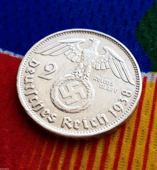 2 Mark German Silver Coin Wwii 1938 B Swastika Third Reich Reichsmark 5 Star photo