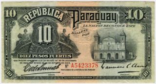 Paraguay 1923 Issue 10 Pesos Fuertes Crisp Note Vf.  Pick 164. photo