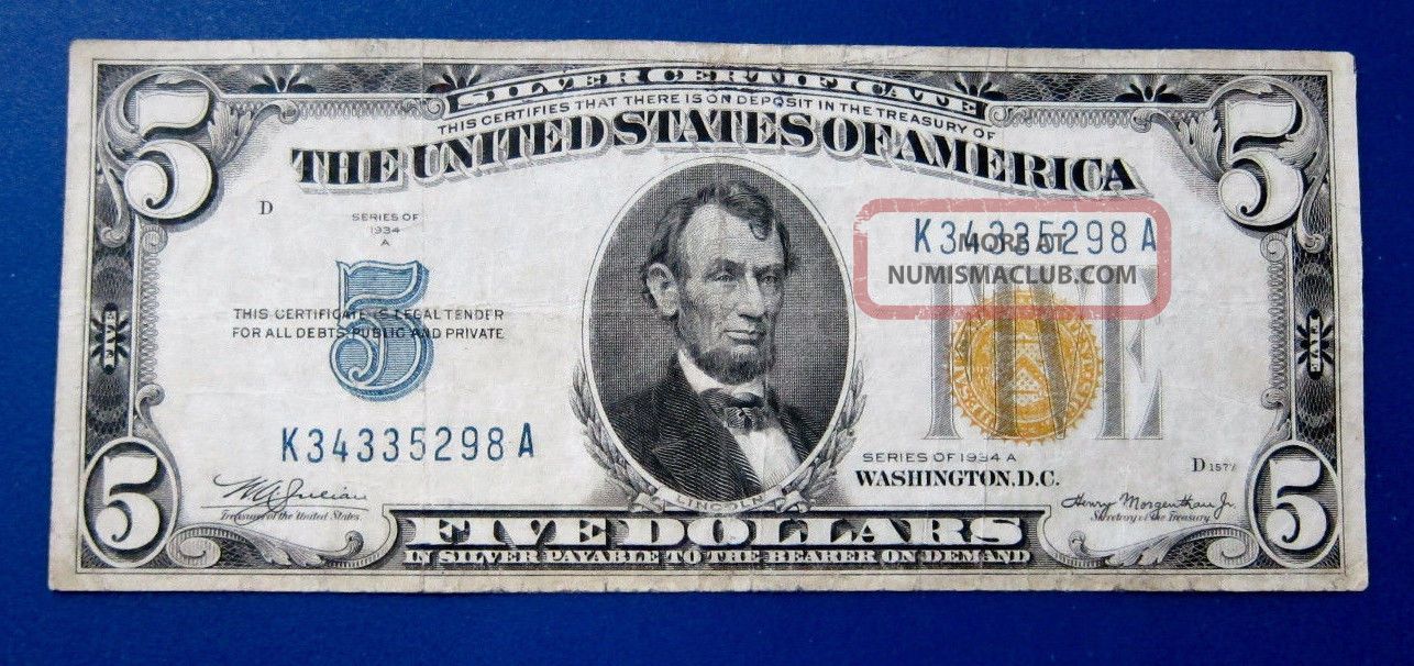 $5 1934a Silver Certificate North Africa Fr - 2307 Circulated Small Size Notes photo