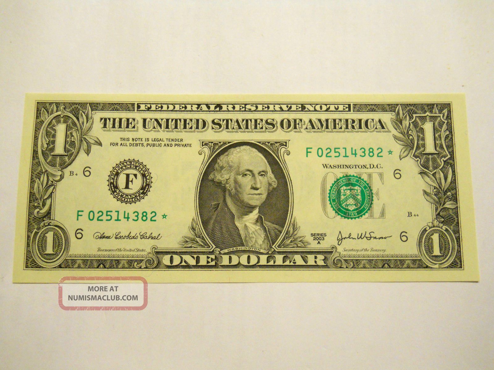 Uncirculated 2003a $1.  00 Star Note Paper Money: US photo