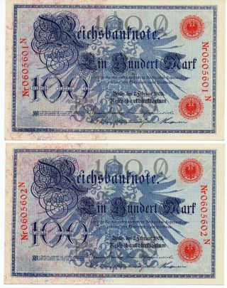 2 X Germany P33 Unc Pair With Consecutive Serial Numbers 100 Mark 1908 Red Seal photo