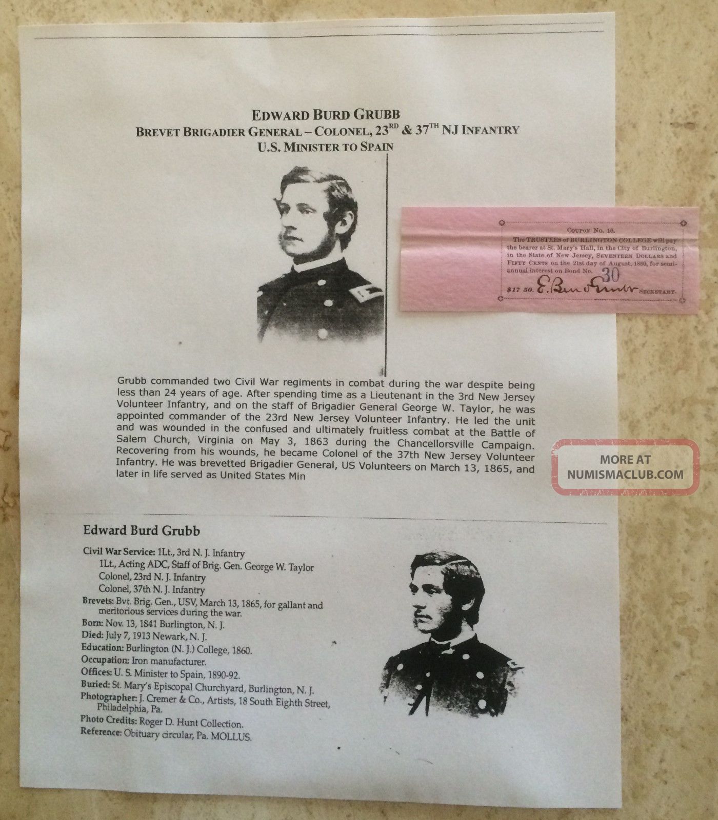 Civil War General Colonel 23rd & 37th Jersey Infantry Bond Document Signed Stocks & Bonds, Scripophily photo