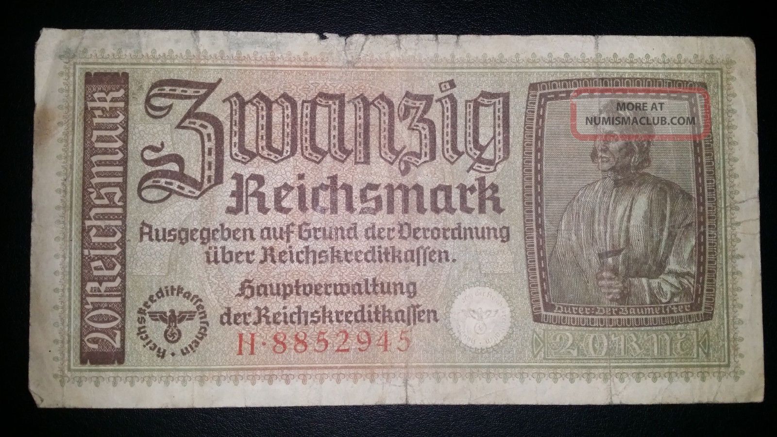 Nazi Germany Third Reich 20 Reichsmark Banknote,  F,  H8852945,  Wwii,  Ww2,  Rare Europe photo