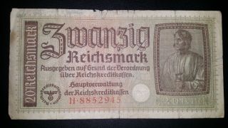 Nazi Germany Third Reich 20 Reichsmark Banknote,  F,  H8852945,  Wwii,  Ww2,  Rare photo