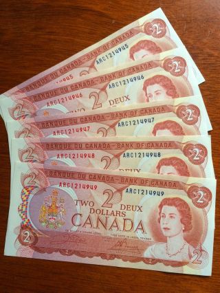5 Consecutive Serial Number Crow/bouey 2$ Bills Canada Unc, photo