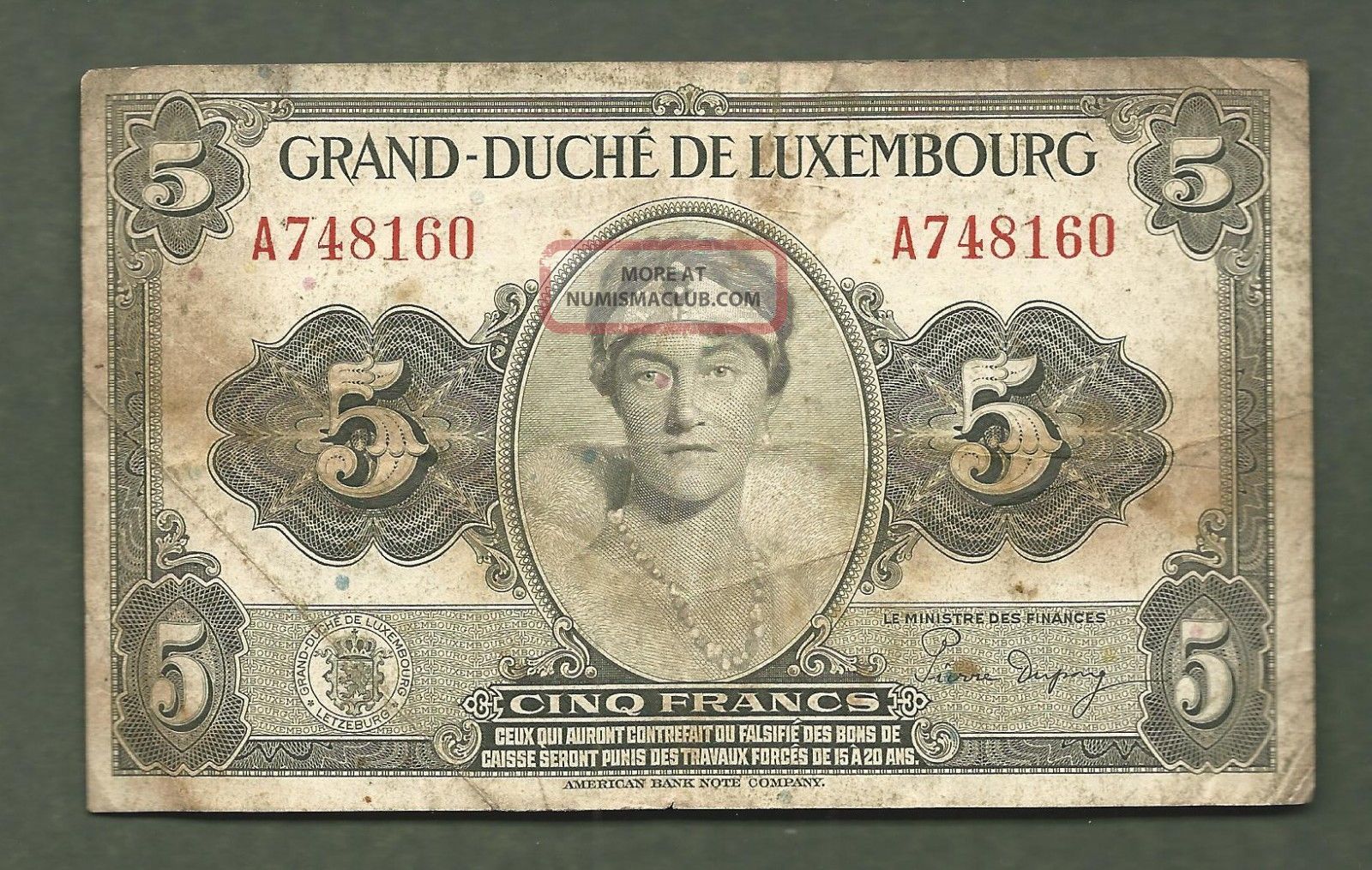 Luxembourg 5 Francs 8160 99 Cents Or Less Paper Money: World photo