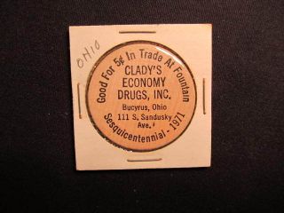 1971 Bucyrus,  Ohio Wooden Nickel Token - Bucyrus,  Oh Clady ' S Econ Drugs Wood Coin photo