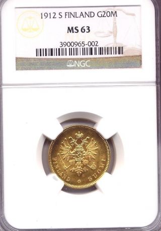 1912 S Finland Gold 20 Markkaa Coin Gem Ngc Ms63.  900 Fine.  1867 Troy Oz Pure photo