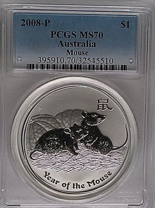 Pcgs Ms70 2008 - P Australia Year Of The Mouse Lunar $1 Silver 1oz.  999 Perth photo