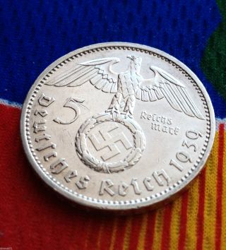 5 Mark German Silver Coin Ww2 1939 A Third Reich Swastika Reichsmark photo