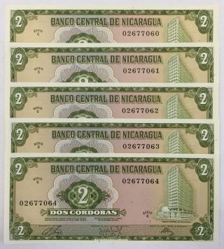 5 Consecutive Nicaragua 1972 Dos Cordobas Paper Money Banknote Uncirculated photo