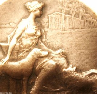 Art Nouveau Lady With The Dogs - Splendid Antique Bronze Medal Signed J.  Borgeaud photo
