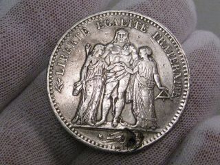 1849 Bb Silver 50 Francs Crown.  France.  Strasburg.  Hercules & Nymphs.  Hole photo