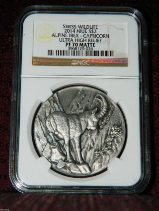 2014 Niue $2 Swiss Wildlife Capricorn - Alpine Ibex Silver Coin - Ngc Pf70 Matte photo