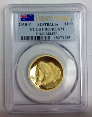 2010 - P,  1 Oz Australia Gold High Relief Koala $100 Pcgs Pr69 First Strike photo