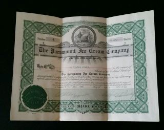The Paramount Ice Cream Company Stock Certificate 1921 photo
