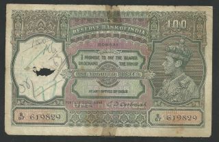 India Bombay King George 100 Rupee.  Circ.  Good.  Rare photo