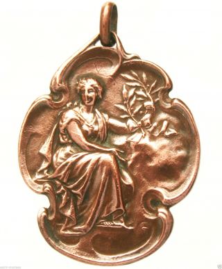 Art Nouveau Lady With The Laurel - Antique Art Medal Pendant Signed Paul Fisch photo