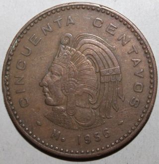 Mexican 50 Centavos Coin,  1956 - Km 450 - Mexico - Cuauhtémoc - Fifty - Bronze photo