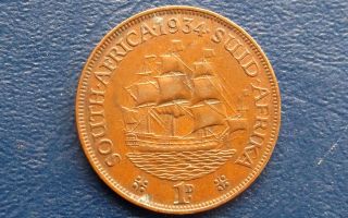 1934 South Africa Penny Sailing Ship George V Km 14 Circulated Msb69 photo