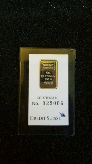 5 Gram Credit Suisse.  9995 Platinum Bar Valcambi.  In Assay photo