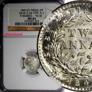 India - British Silver 1841 C 2 Annas Ngc Ms65 S&w - 3.  64 1 Year Type Km 460.  2 photo
