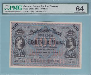 1911 100 Mark German States Bank Of Saxony Pmg 64 Pick S952b photo