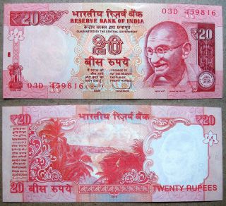 2012 {mahatma Gandhi} {inset - R} 20 Rupees 1pc Gem Unc Banknote,  - - photo