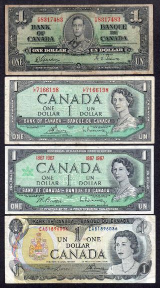 1937 1954 1967 1973 $1.  00 Last (4) Bank Of Canada Old Money One Dollar Bills photo