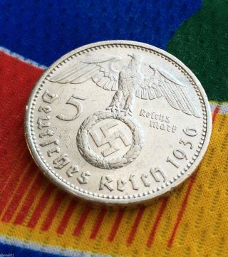 5 Mark German Silver Coin Ww2 1936 G Third Reich Swastika Reichsmark photo