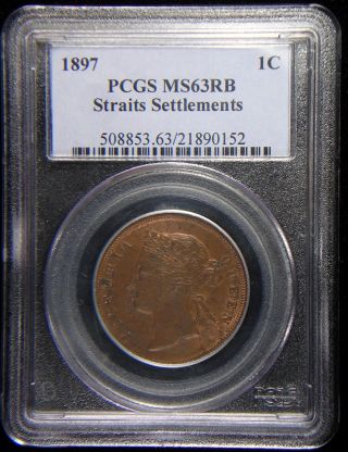 Straits Settlements 1897 1 Cent Pcgs Ms - 63 Rb Very Scarce In Uncirculated photo