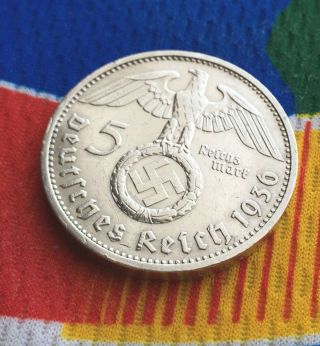 5 Mark German Silver Coin Ww2 1936 E Third Reich Swastika Reichsmark photo