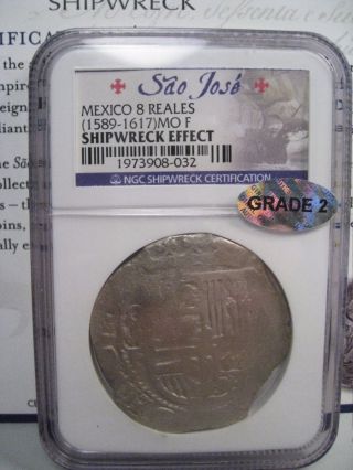 Mexico (1589 - 1617) Mo F Silver 8 Reales - Sao ' Jose Shipwreck - Ngc Grade 2.  Cob. photo