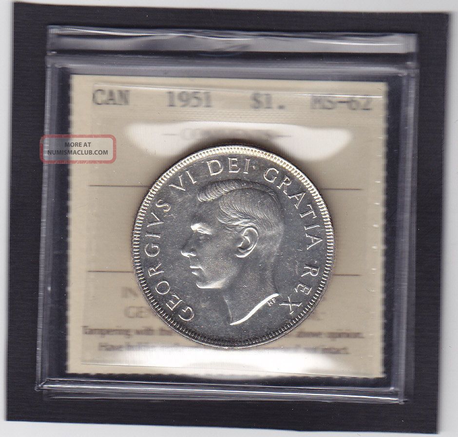 1951 Silver Dollar,  In Ms - 62,  Iccs Graded (mf 328) Coins: Canada photo