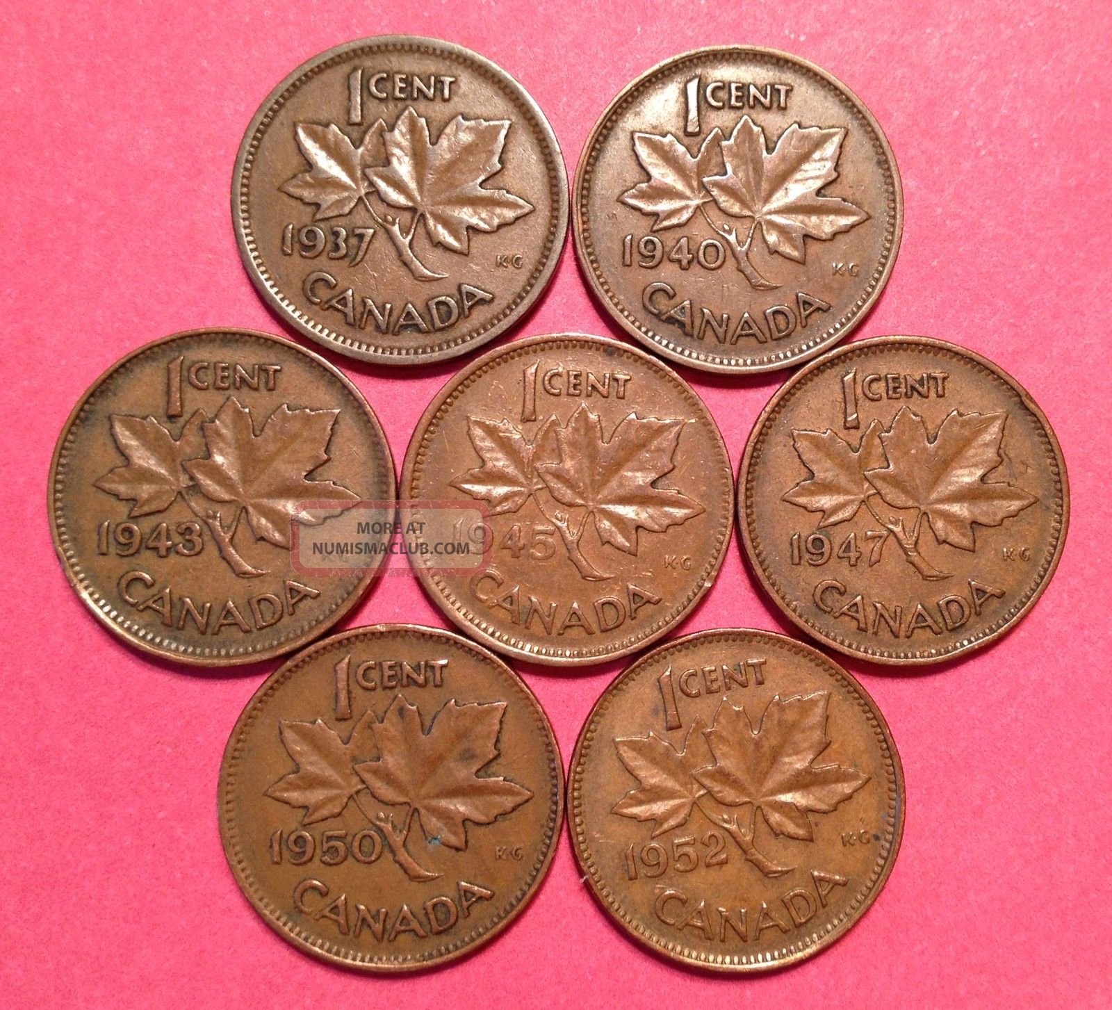 1937,  40,  43,  45,  47ml,  50 &52 Canada Cents King George Vl No Tax Copper Pennies Coins: Canada photo