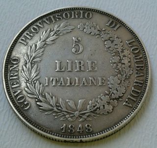 Italy - Lombardy - 5 Lire Provisional Government 1848 - M Silver Coin Rare photo