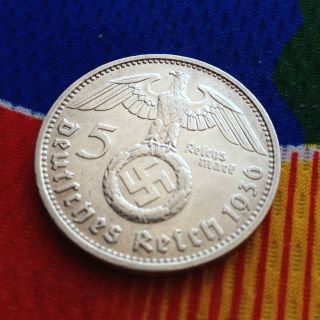 Ww 2 German 5 Mark Silver Coin 1936 D Third Reich Swastika Reichsmark photo