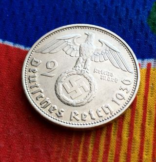 Wwii German 2 Mark Silver Coin 1936 G Third Reich Swastika Reichsmark 5 Star photo