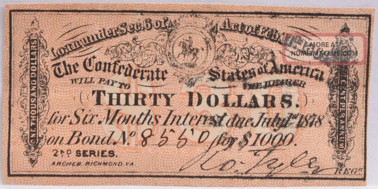 Civil War Confederate $1000 Bond C.  S.  Loan 1864 $30 Coupon Richmond Va 8550 Stocks & Bonds, Scripophily photo