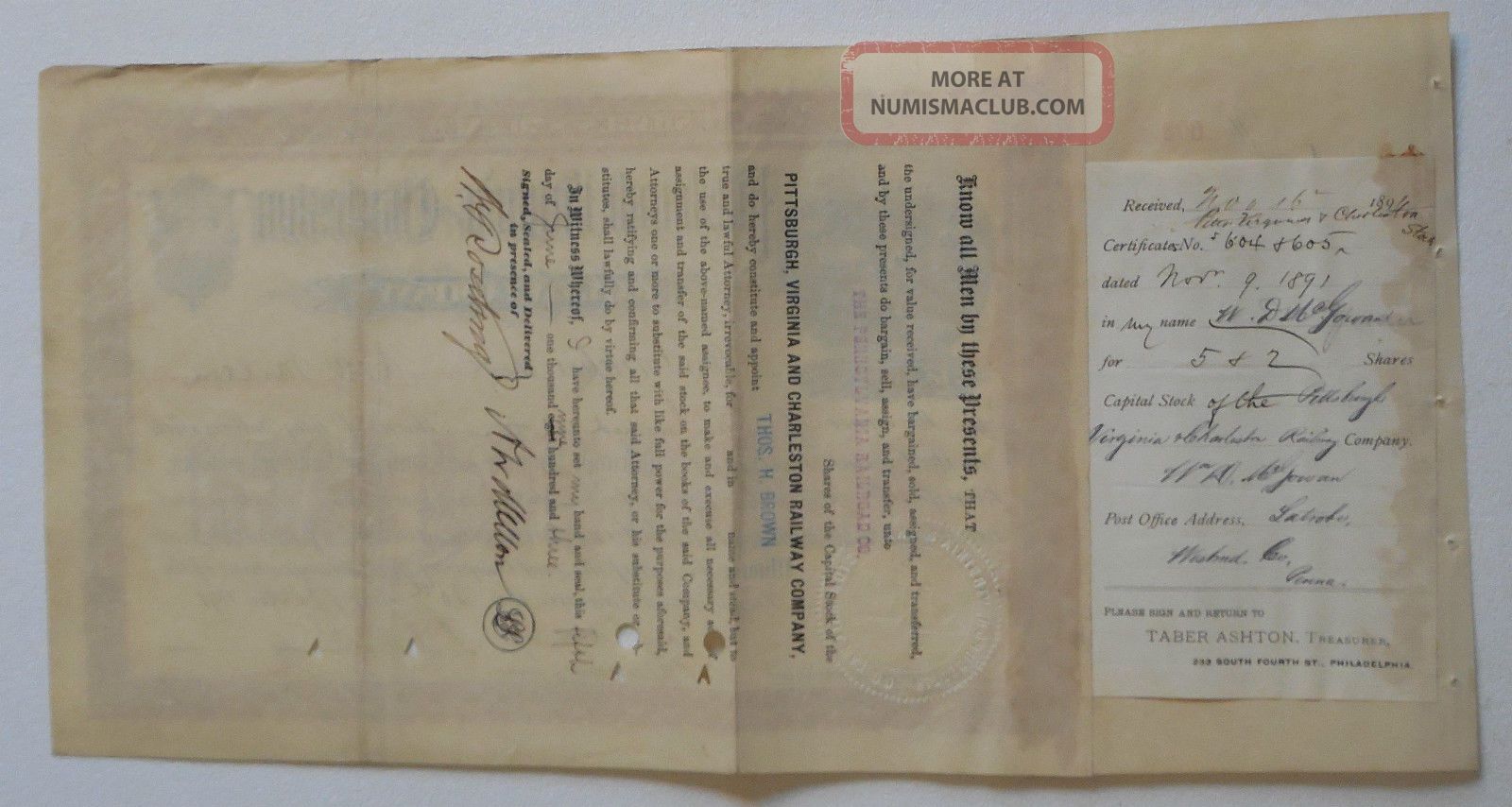 Andrew Mellon Signed 1891 Pittsburgh Virginia & Charleston Rwy Stock Certificate Transportation photo