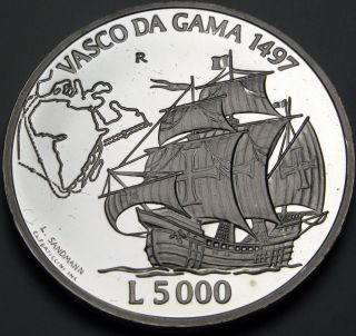San Marino 5.  000 Lire 1997r Proof - Silver - Vasco Da Gama 1497 - 154 猫 photo