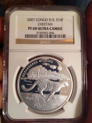 2007 Africa Congo D.  R.  S10f Cheetah Pf68 Ultra Cameo Strong Strike Proof photo