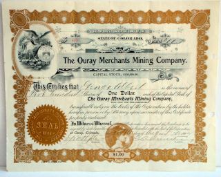 Antique 1902 Ouray Merchants Mining Company Stock Certificate,  Ouray,  Colorado photo