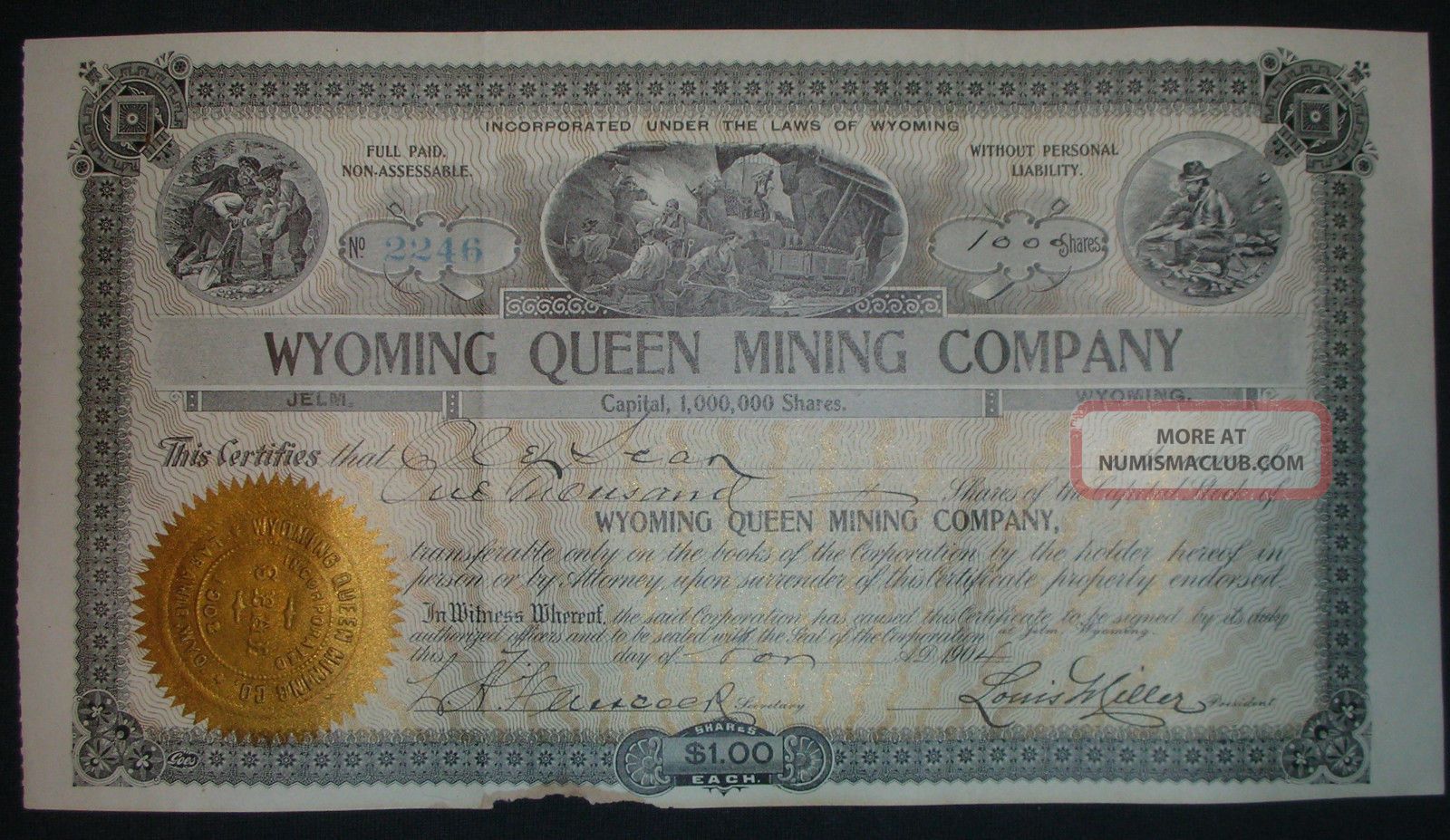 1904 Wyoming Queen Mining Company Stock Certificate,  Jelm,  Wyoming Stocks & Bonds, Scripophily photo